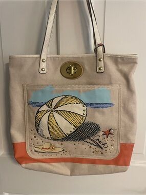 Coach Beige Canvas Tote with Coral Trim and Beach Umbrella Motif